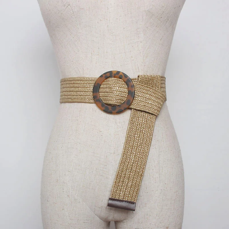 Ремень женский Плетеный с круглой пряжкой соломенный эластичный пояс для