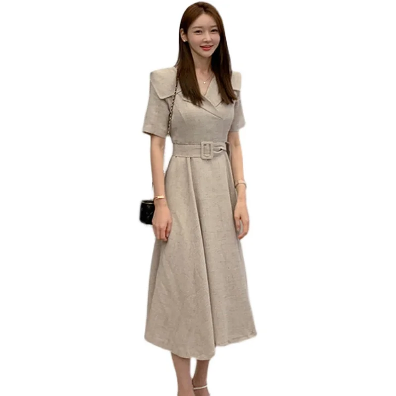 

Summer women dress Suit collar, waist slimming and big skirt new korean fashion thin sexy style office party for elegant dress