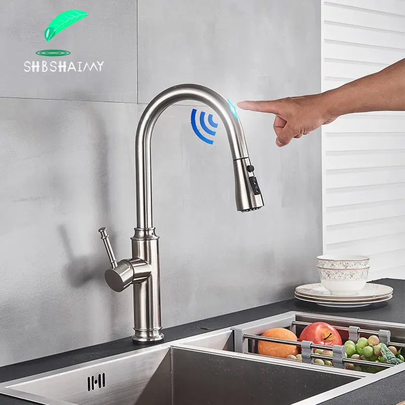 

SHBSHAIMY Brushed Steel Touch On Kitchen Sink Faucets with Pull down Sprayer Hot & Cold Mixer
