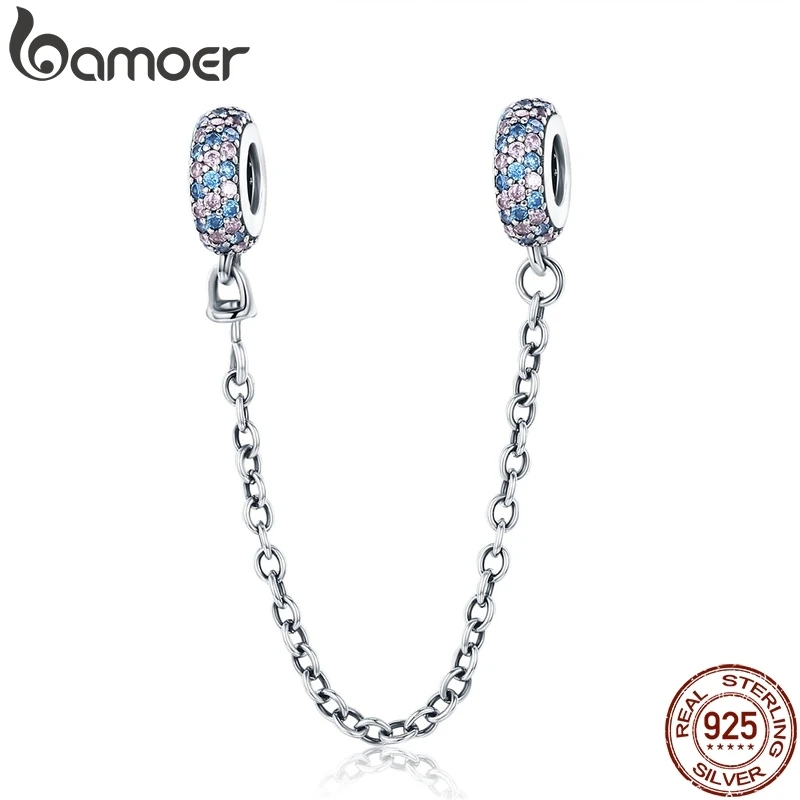 BAMOER, Настоящее серебро 925 пробы, розовый и голубой Фианит, круглая безопасная цепочка, очаровательный браслет, сделай сам, для изготовления ювелирных изделий SCC379