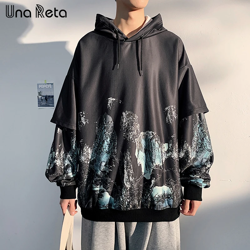 

Una Reta Hoodie Men Casual Autumn Winter Men Clothing Harajuku Oversized Fake two Hoodies Hip Hop Print Men's Sweatshirt Hoodies