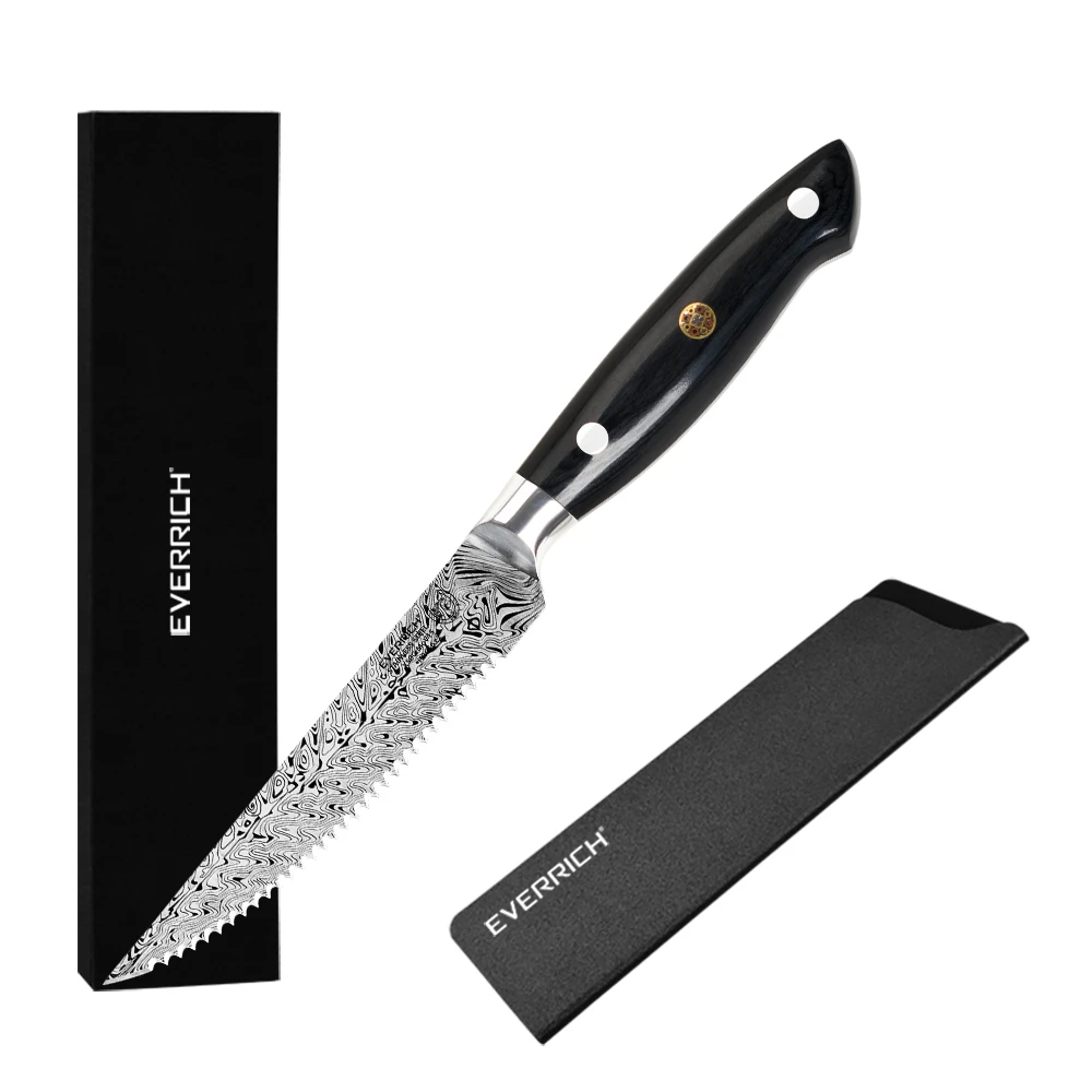 

5-дюймовый НОЖ EVERRICH для стейка, профессиональный шеф-нож, кухонные ножи с Дамасским узором в виде рыбьей кости с деревянной ручкой Pakka и подар...