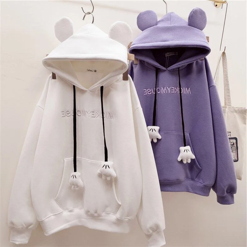 

Disney Mickey Letter Printing Hoodie Drawstring Mouse Ears White Paw Ladies Tops Fall Harajuku Hooded White Pink Top Kawaii 2021