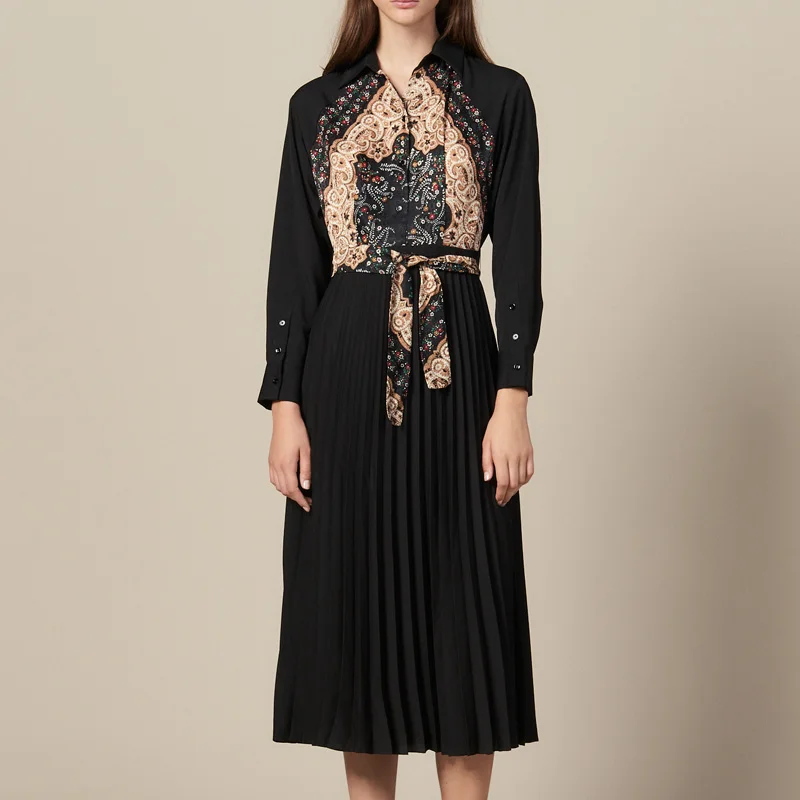 Robe Longue Plissee femme Col классическое черное миди-платье женское Плиссированное с