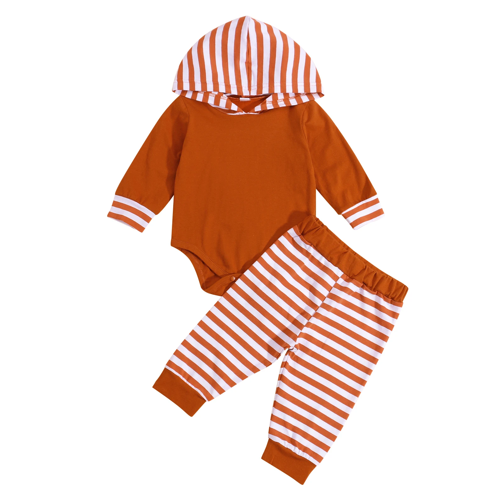 

Emmababy 2Pcs Autumn Girls Boys Outfit Infant Simple Style Double Color Stripes Long Sleeve Hooded Romper Long Pants Set 0-18M