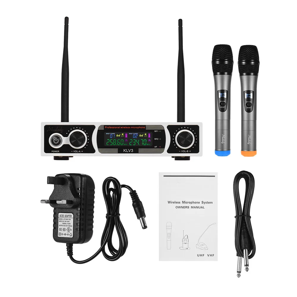 

Muslady KLV3 Advanced Microphones Set Wireless with 1 Receiver 2 Handheld Microphone Color Screen Electric Music Accessories
