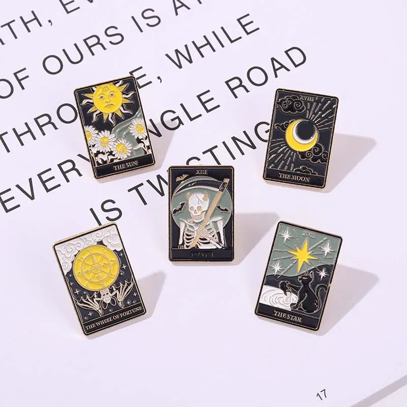 

INS Tarot Enamel Pins Custom Sun Moon Stars Gothic Skeleton Lover Brooches Lapel Badges Bag Punk Dark Witch Jewelry Gift