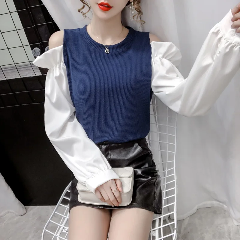 

Off Shoulder Long Sleeve Kintting Shirt Top Female 2020 Fall Korean Style Contrast Color Temperament Ruffles Blouses and Tops