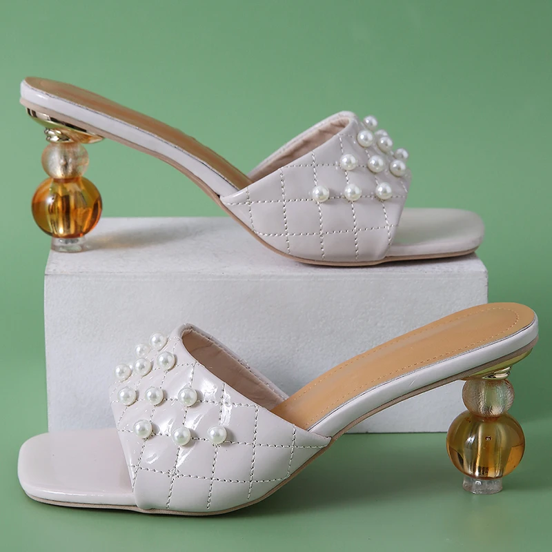 

2022 New Summer Slippers High Heels Shoes Women Spike Heels Flip Flops Casual Pumps Ladies String Bead Slides Female Slippers