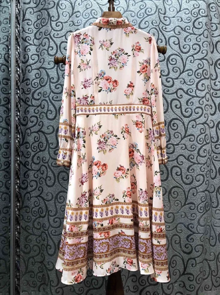 

Novia Party 2020 Spring Fashion Style Women Turn-down Collar Beautiful Floral Print Beading Button Long Sleeve Sweet Pink Dress