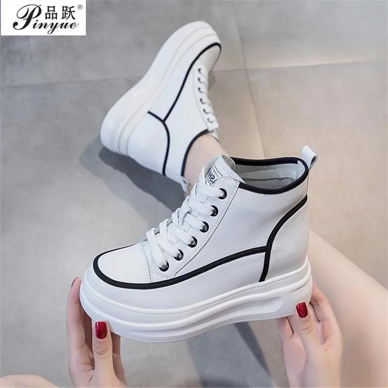 

Internal heightening Wedges Platform Shoes for Women Lace Up Genuine Leather Sports shoes Ladies Solid Rubber Ankle Boots