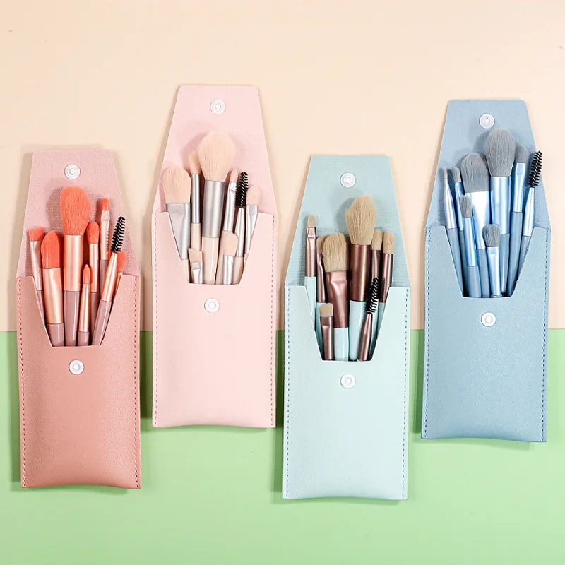 

8 mini makeup brush set Morandi portable makeup brush soft hair makeup tool brush with leather package