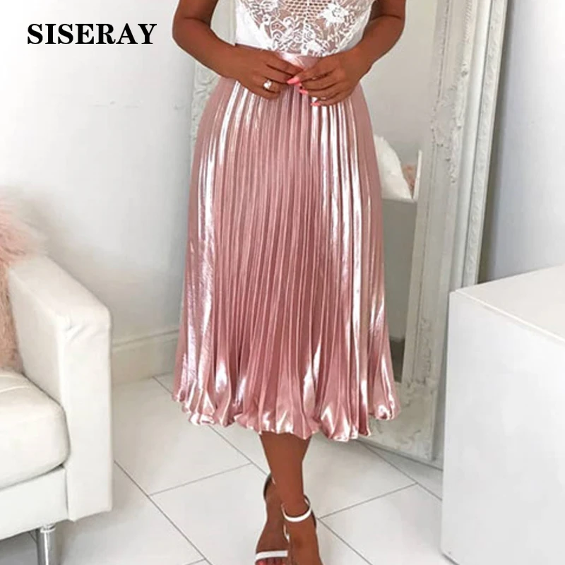 Шикарная 2019 металлическая плиссированная шелковая атласная юбка с высокой