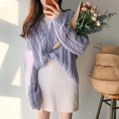 

Korean 2020 Women Cardigans Sweater Candy Color Solid Loose Knitwear Twist sweater coat Casual Knit Cardigan Outwear Pull
