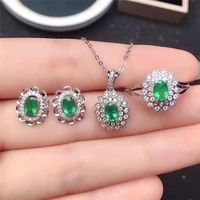 new 925 silver inlaid natural emerald earrings ring pendant necklace set womens jewelry simple and generous design