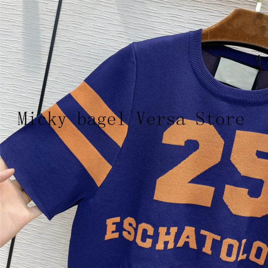 

luxury design color matching women's T-shirt temperament slim round neck knitting short sleeve versatile casual pattern T-shirt
