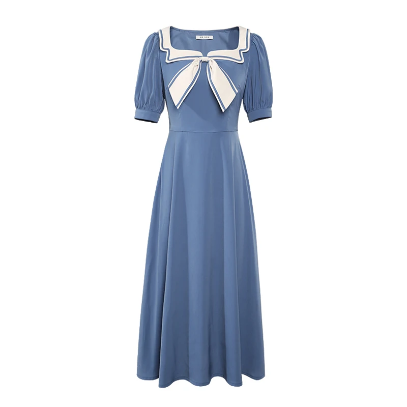 

Vintage Summer New Japanese Sweet Lolita Dress Casual Sailor Collar Vestidos Women Puff Short Sleeve A-line Midi Dress