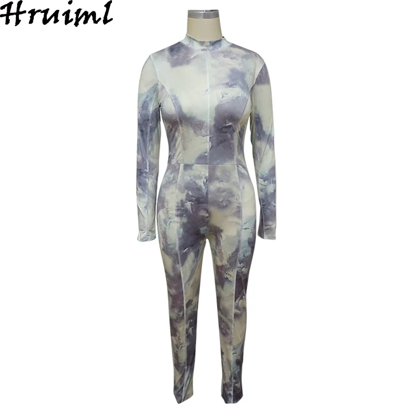 

Jumpsuits for Women 2020 Tie Dye Print Autumn Long Sleeve Bodysuit Bodycon Romper Autumn Fashion Skinny Body Suits Clubwear