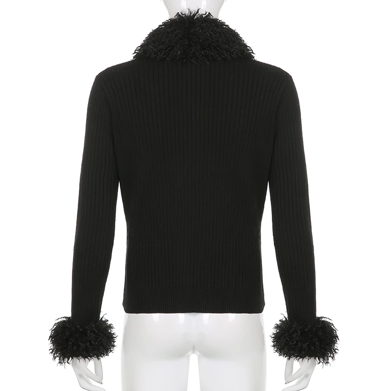 Женский однотонный кардиган с меховой отделкой на осень/зиму |