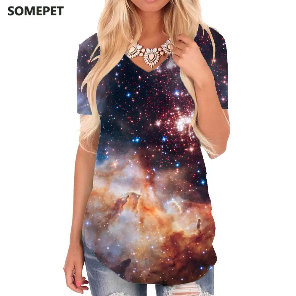 

SOMEPET Galaxy T Shirt Women Nebula Tshirts Printed Space V-neck Tshirt Colorful Funny T shirts Womens Clothing Punk Rock Loose