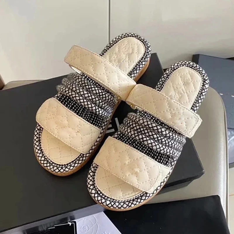 구매 로프 검투사 슬리퍼 럭셔리 디자인 여성 여름 틈새 아울렛 여성 비치 샌들 정품 가죽 파티 드레스 슈즈 여성 2