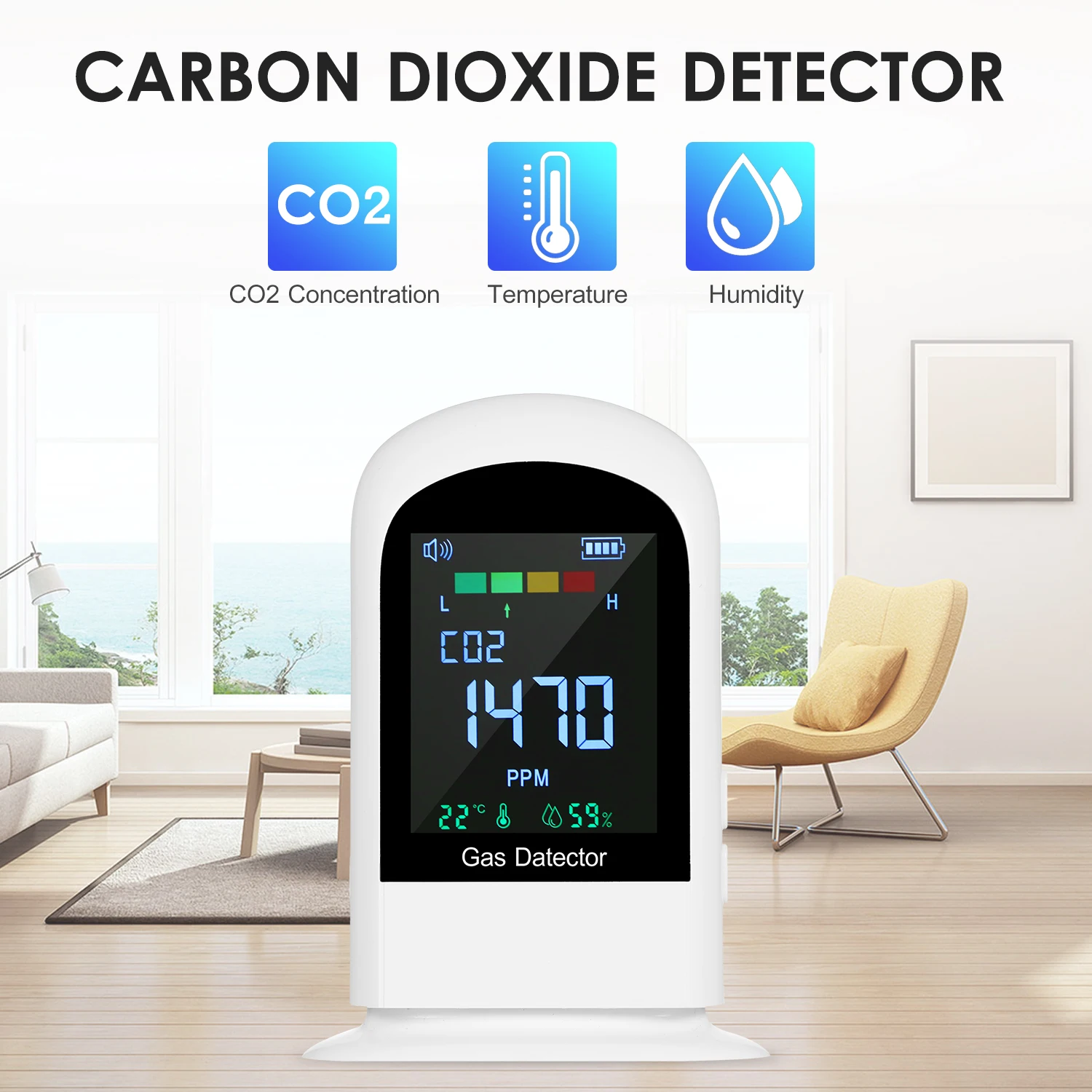 

Домашний монитор качества воздуха, детектор диоксида углерода, тестер, перезаряжаемая батарея с измерением относительной влажности и темп...