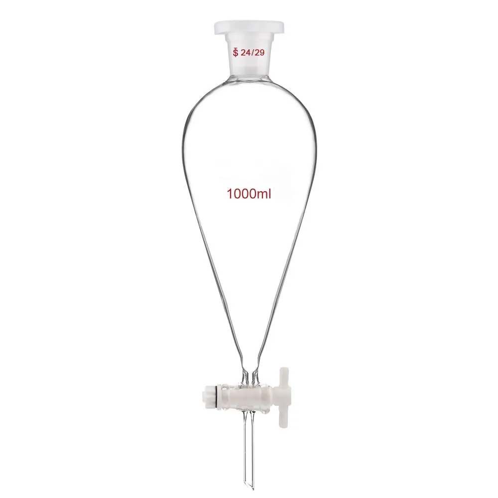 Borosilicate Glass 1000ml Heavy Wall Conical Separatory Funnel with 24/29 Joints and PTFE Stopcock