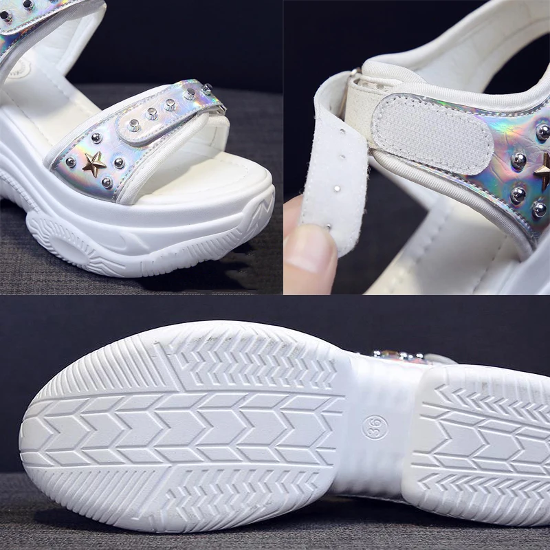 

Black PU Leather Hollow Rivet Sewing Thick Bottom Sandals Retro Hook & Loop Wedge Platform Rome Shoes Heightening Shoes 9CM