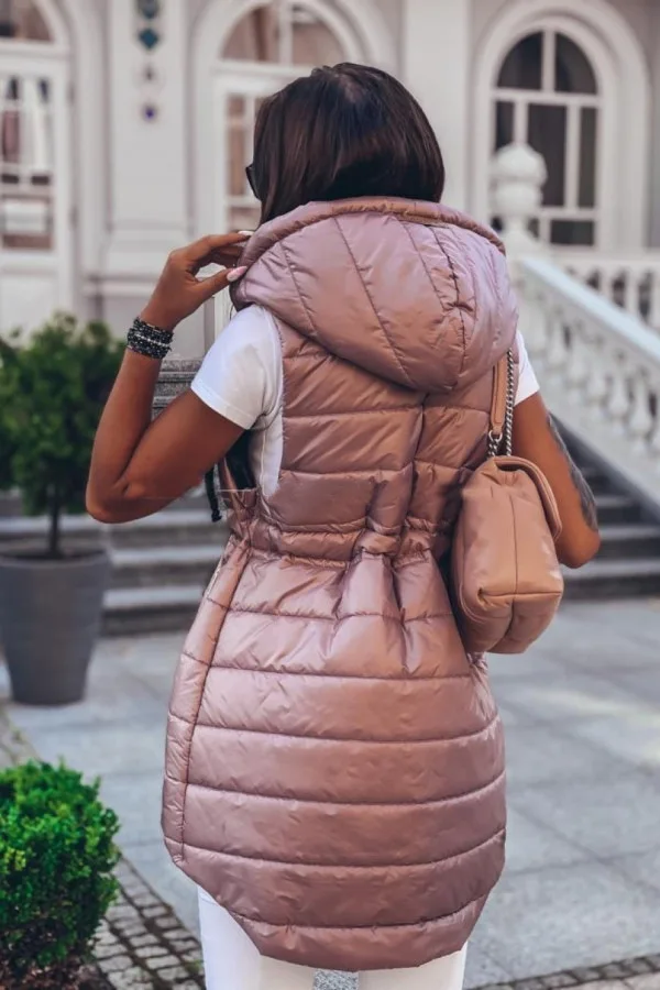 

Mandylandy Mid-Length Vest Jackets Women Plus Size Hooded Drawstring Warm Vest Coats Waist-Tight Simple Casual Outerwear Top