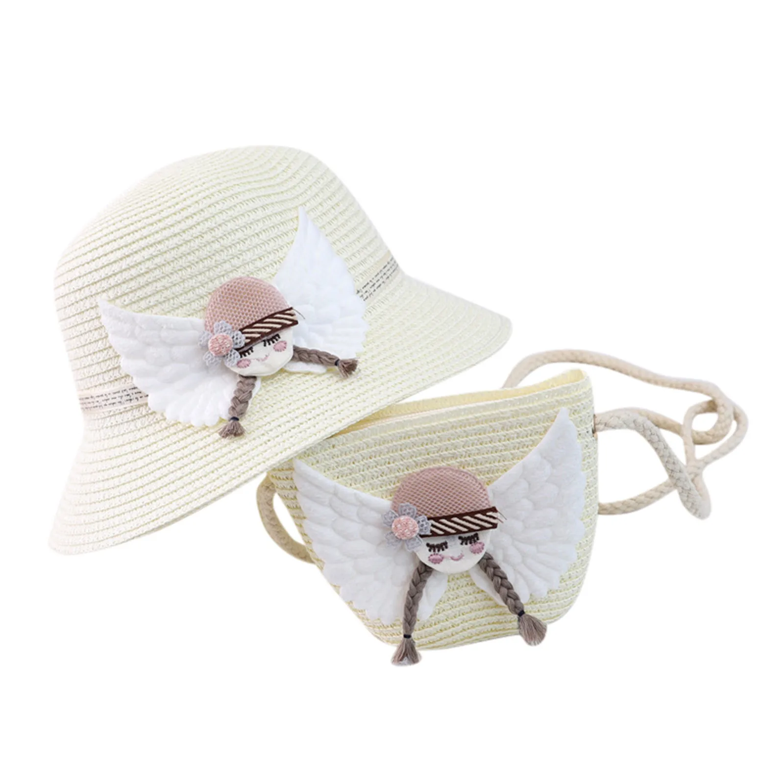 

Summer Unisex Children Childlike Lovely Cartoon Angel Pattern Sunshade Hat Straw Beach Sun Hat And Straw Bag Set