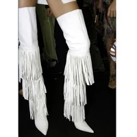 boots for woman fall winter white color tassels thigh high side zipper fringe pointed toe stiletto high heels over the knee