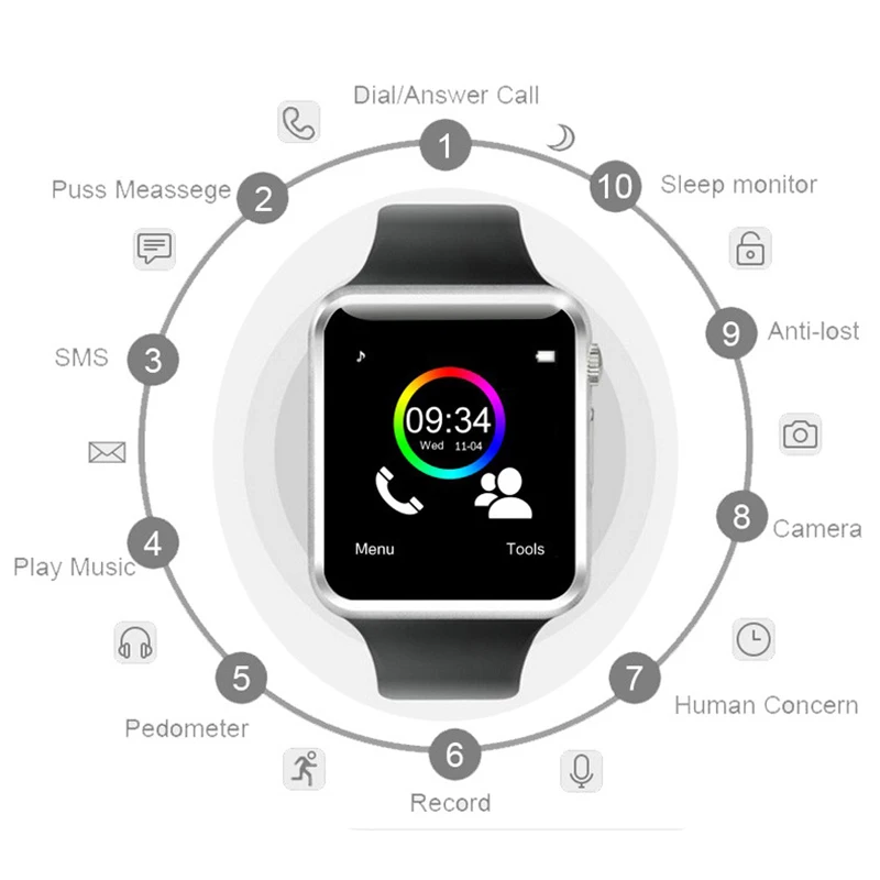 Smart Watch A1 Support SIM TF Card Sport Pedometer Camera Call Sedentary Reminder Bluetooth Android Wristband Man Women | Электроника