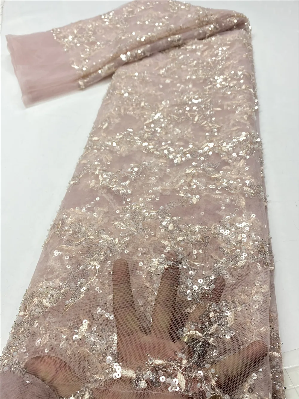 

2020 High Quality African nigerian Lace Fabric Embroidery GREY Tulle Cord Lace Fabric With Squins For Dress French