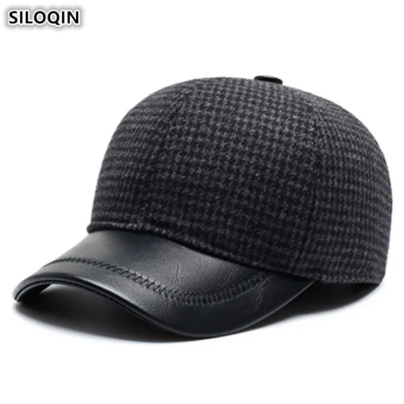 

SILOQIN Men Winter Thick Warm Earmuff Hat Baseball Caps New Men's Adjustable Size Fashion Brand Cap Dad's Cold-proof Woolen Hats