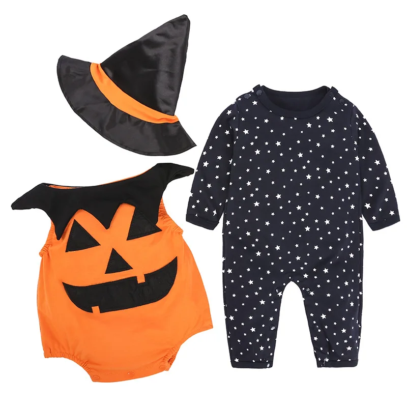 

27kids Newborn Toddler Clothes Halloween Costume For Kids Cosplay Velvet Pumpkin Rompers Hat Striped Jumpsuit Outfit Set 3pcs