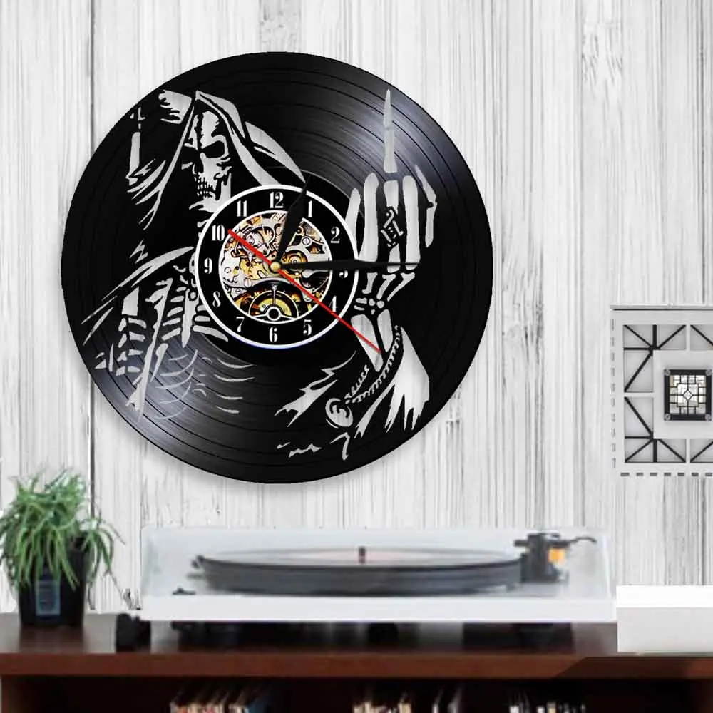 Рок череп дизайн CD виниловая запись настенные часы Череп Винтаж Черный искусство