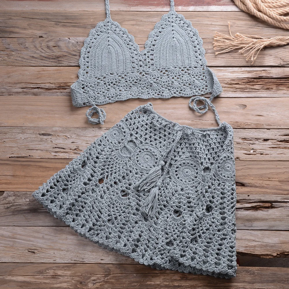 

2020 New crochet 2PCS/SET beach cover up sexy women bra top+mini A line skirts bikini swimsuit bathing suit cover ups dress