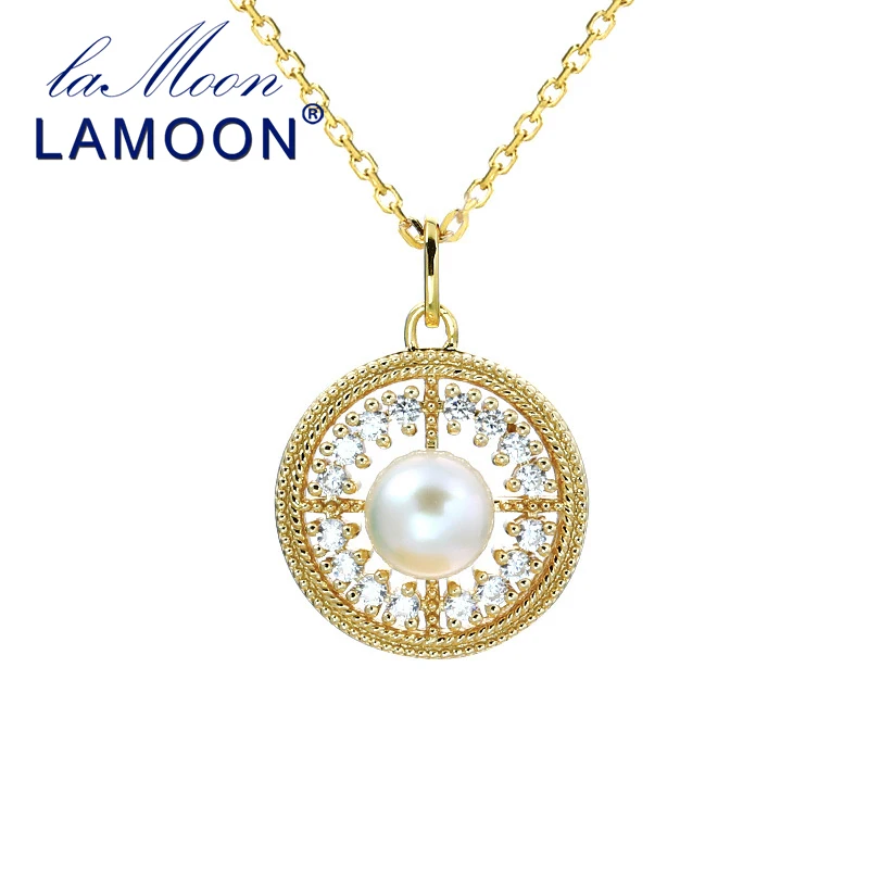 

LAMOON 925 Sterling Silver Pearl CZ Crystal Pendant Necklace 14K Gold plated Vintage Palace Jewelry for Women LMNI116