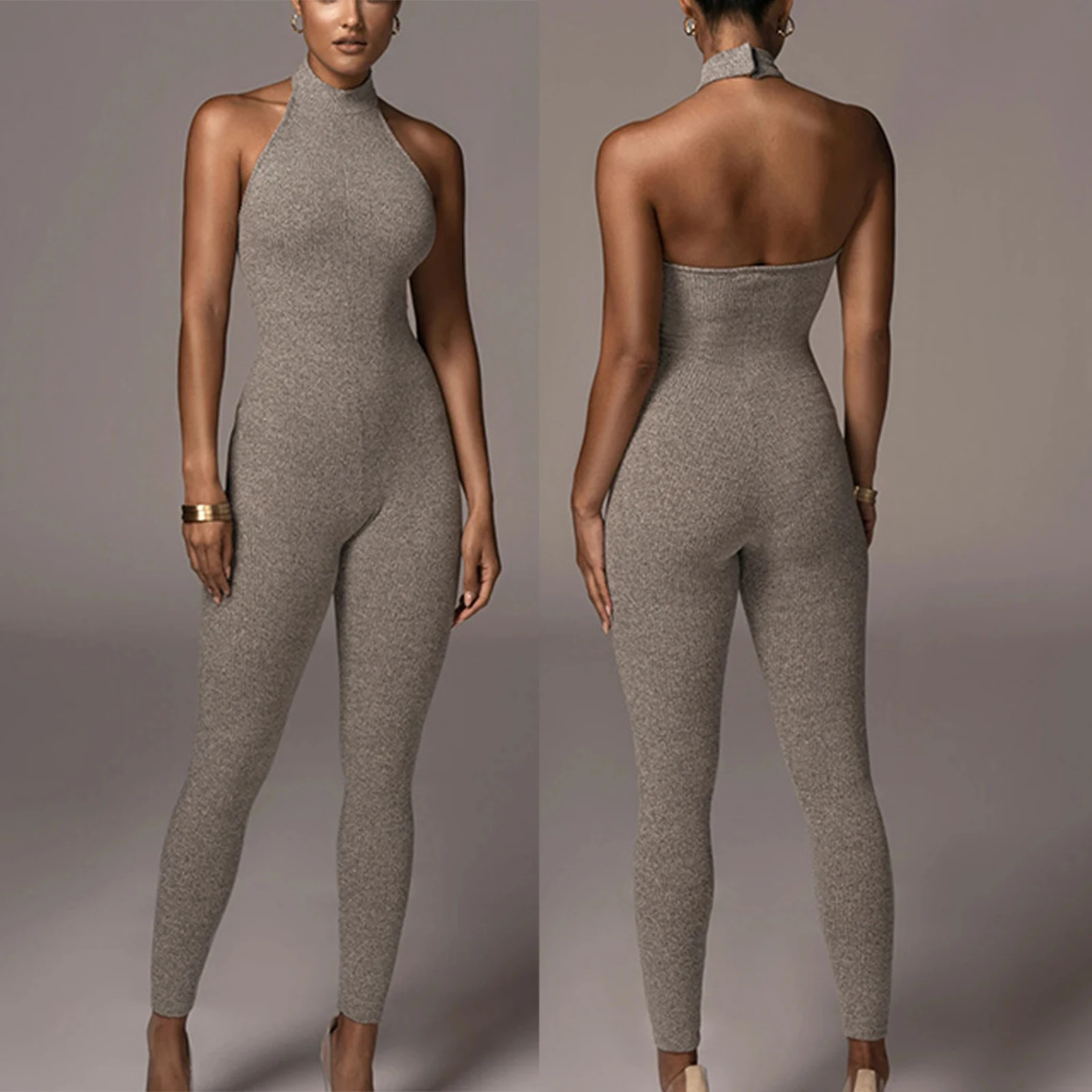

Women's High Collar Halter High Waist Jumpsuit Casual Solid Color Romper Tight Sleeveless Long Fashion Clothing