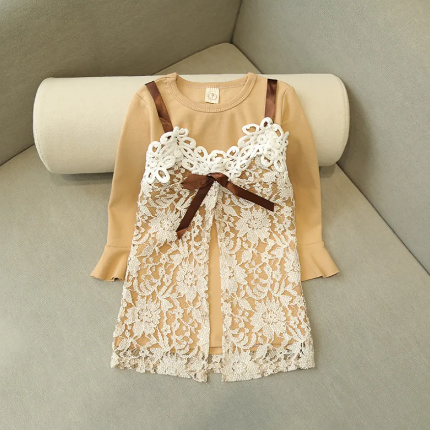 New Spring Autumn Girls Clothes Sets Baby Girl Flare Long Sleeve T shirt Dress and Lace Vest 2 Piece Set Chilren Kids Gifts | Детская