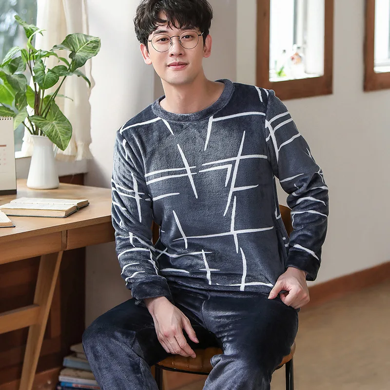 Men's Pajamas Winter New Long-sleeved Plus Velvet Thickened Flannel Home Service Suit Thick Pajamas for Men Homewear Sleepwear