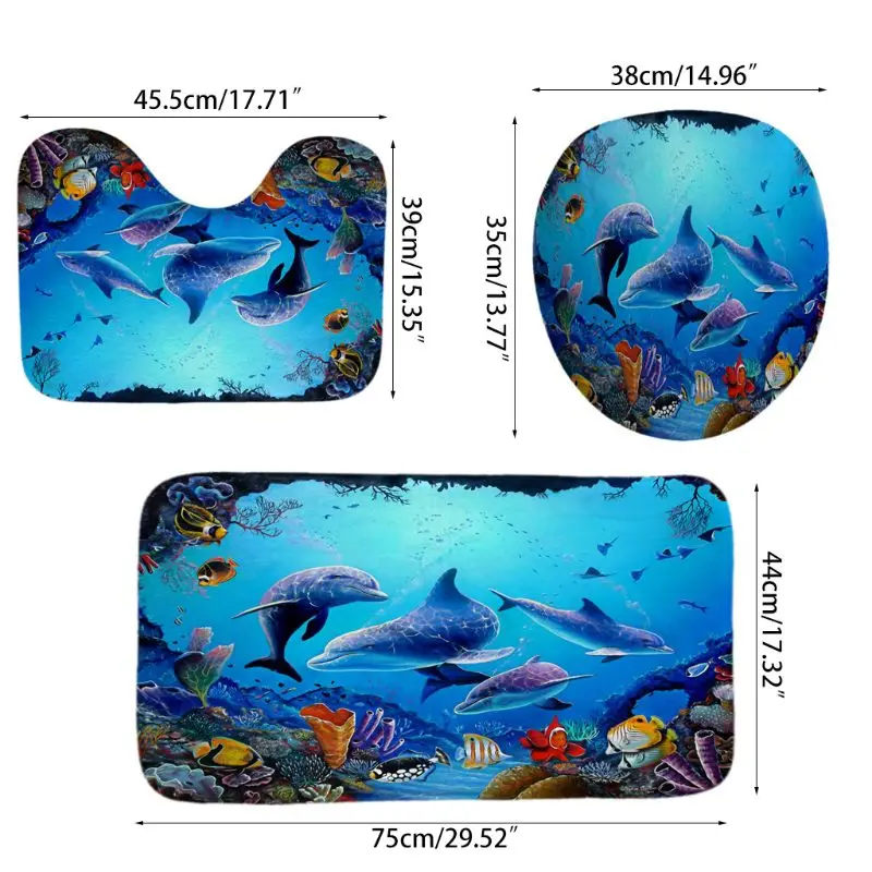 

4PCS/Set dolphin Shower Curtain Floral Bath Curtain Waterproof Polyester K0AB