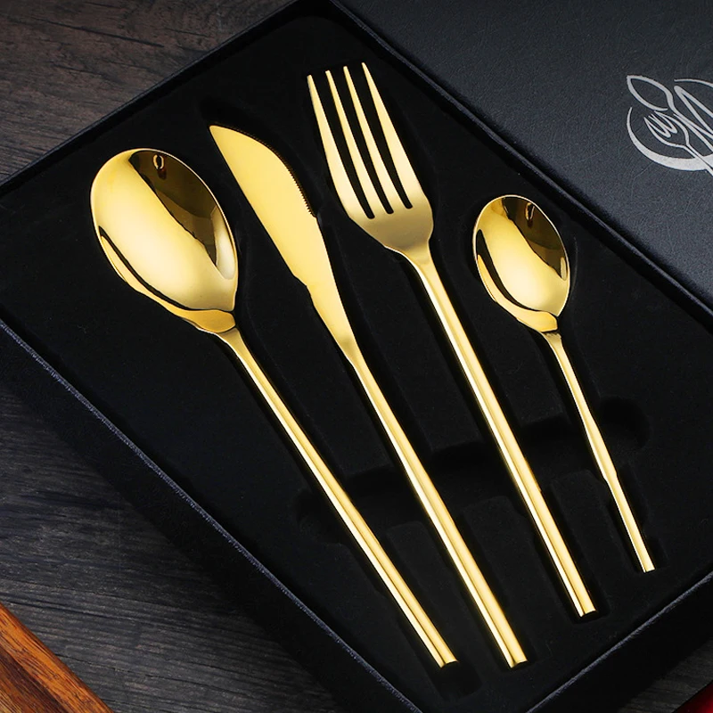 

24pcs Covered Golden Dinnerware Sets 304 Stainless Steel Portable Cutlery Set of Tableware Forks Knives Spoons Kitchen Flatware