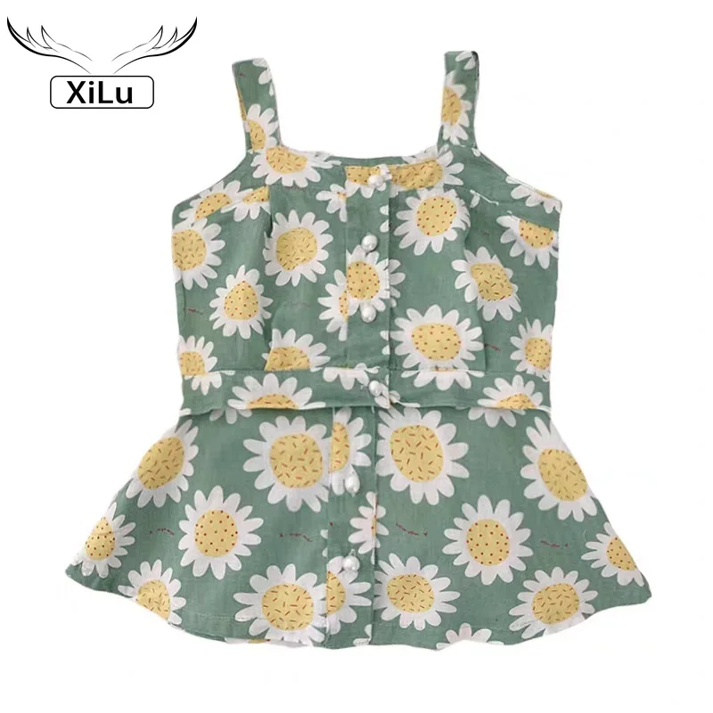 

2021 Summer Kids Beach Wear Clothes Kids Girls Floral Print Clothing Sets Sun Flower Pattern Tank Tops + Skirts 2Pcs Sets