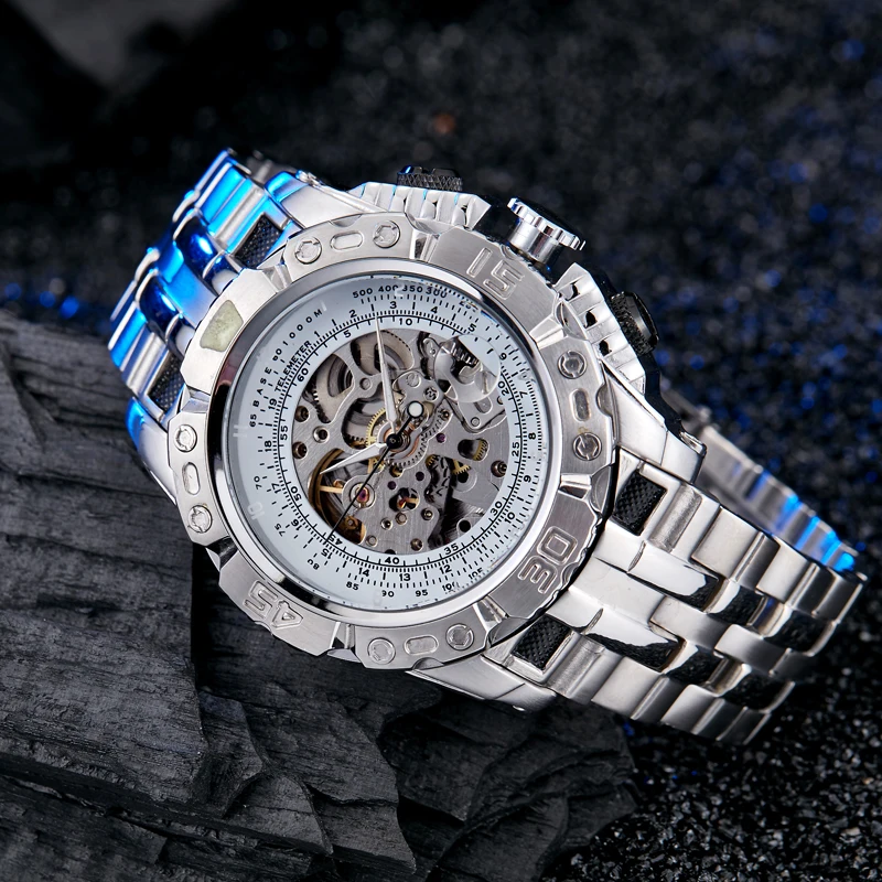 

New Luxury Automatic Mechanical Watch Men Steel Silver Gold Big Dial Skeleton Wristwatch Self-winding Clock relogio masculino