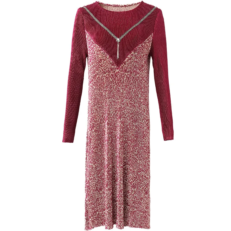 

European Style Autumn Winter 2020 New Women's Velvet Printed Long Sleeve Red Pleated Dress