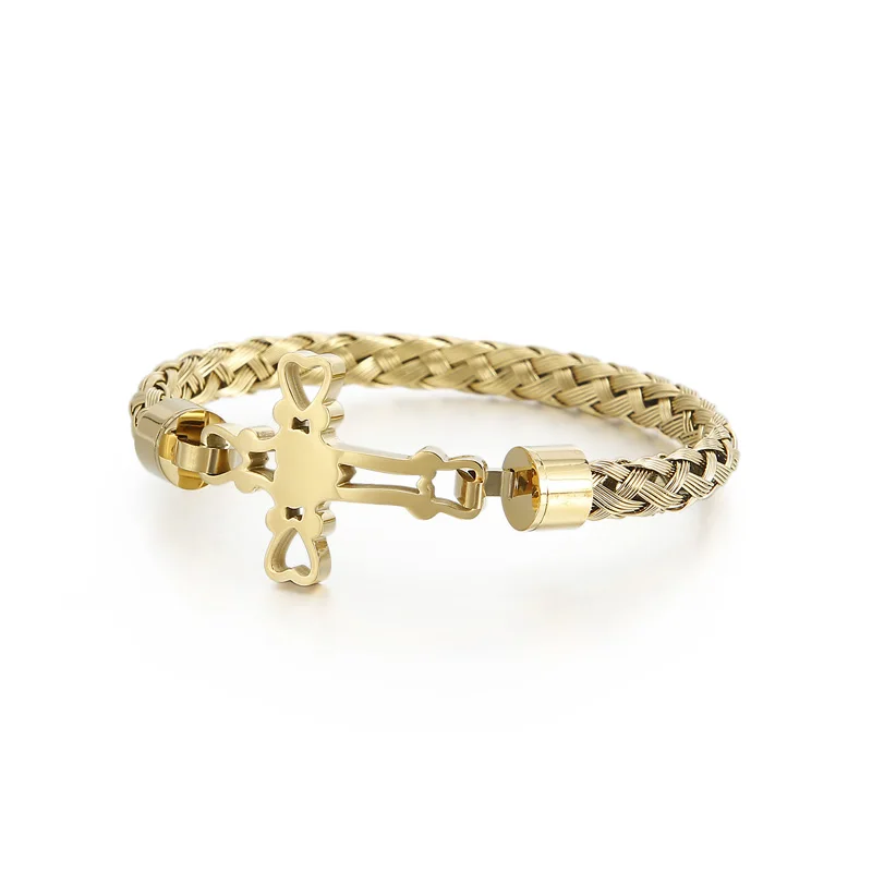 

HAOLYNJOY Christian Cross Charm Prayer Bracelet Men Stainless Steel Gold Chain Bangle Praying Cruz Jewellry
