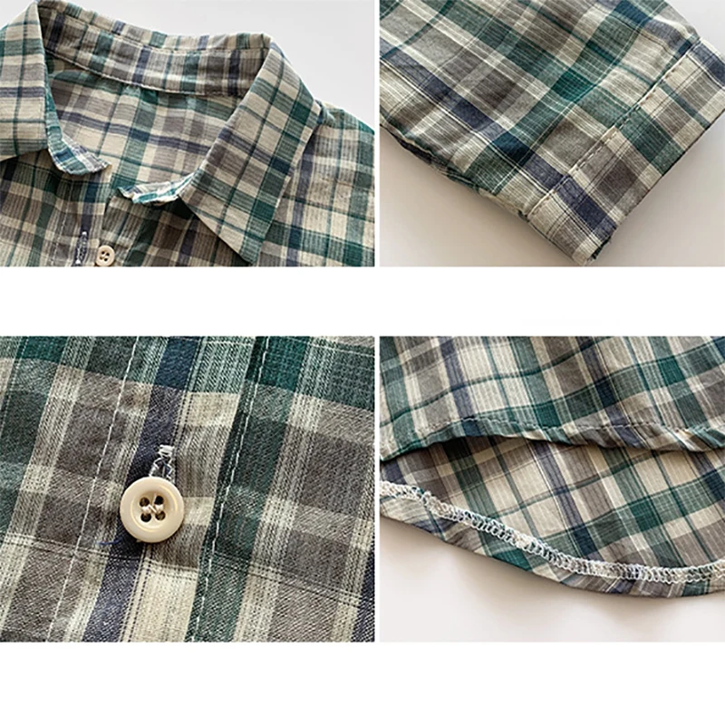 

Women Plaid Blouse Loose Plus Size Shirts Sunscreen Korean Casual Elegant Long Sleeve Thin Summer Cotton