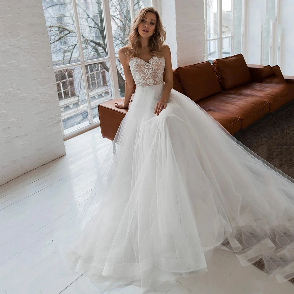 

Fivsole Princess Tulle A-line Wedding Dress 2021 Sweetheart Beading Pearls Bridal Gowns Vestido De Noche suknia ślubna Backless