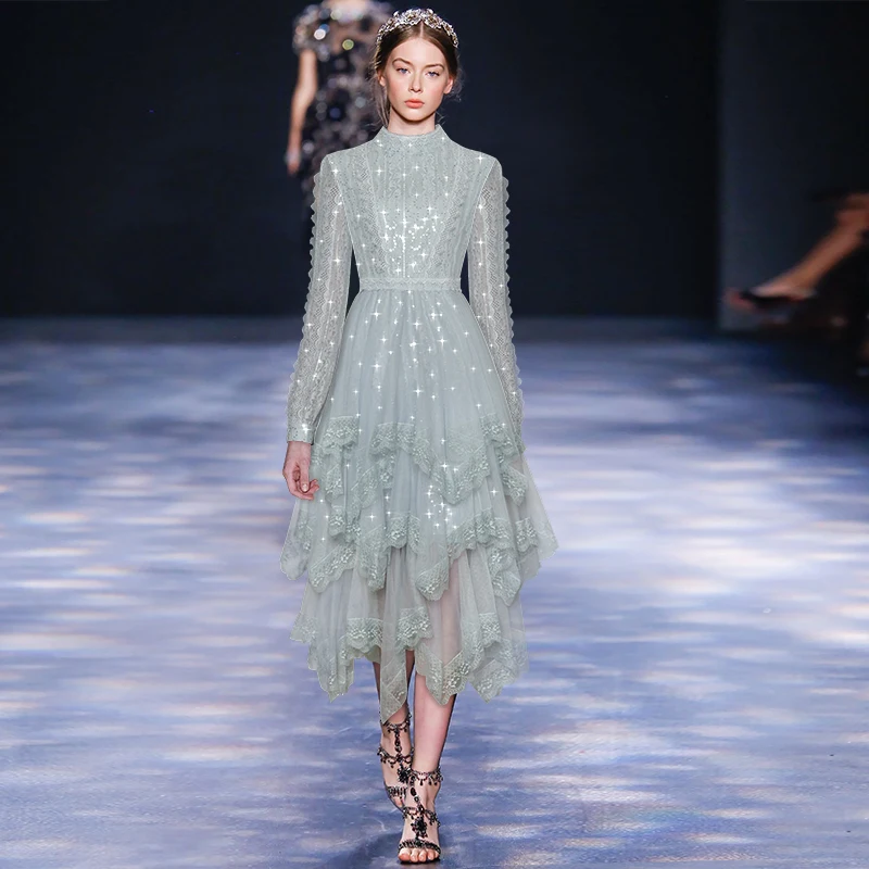 

Женское модельное платье с длинным рукавом, дизайнерское Сетчатое асимметричное платье в стиле пэчворк с каскадными оборками и блестками, ...